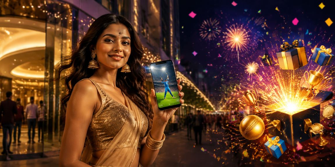 Night market scene with people checking cricket betting on mobile devices
